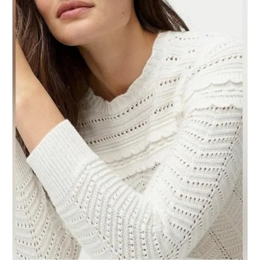 J Crew Womens Crew Neck Scalloped Pointelle Sweater Sz S Ivory Wool Blend - Picture 2 of 9
